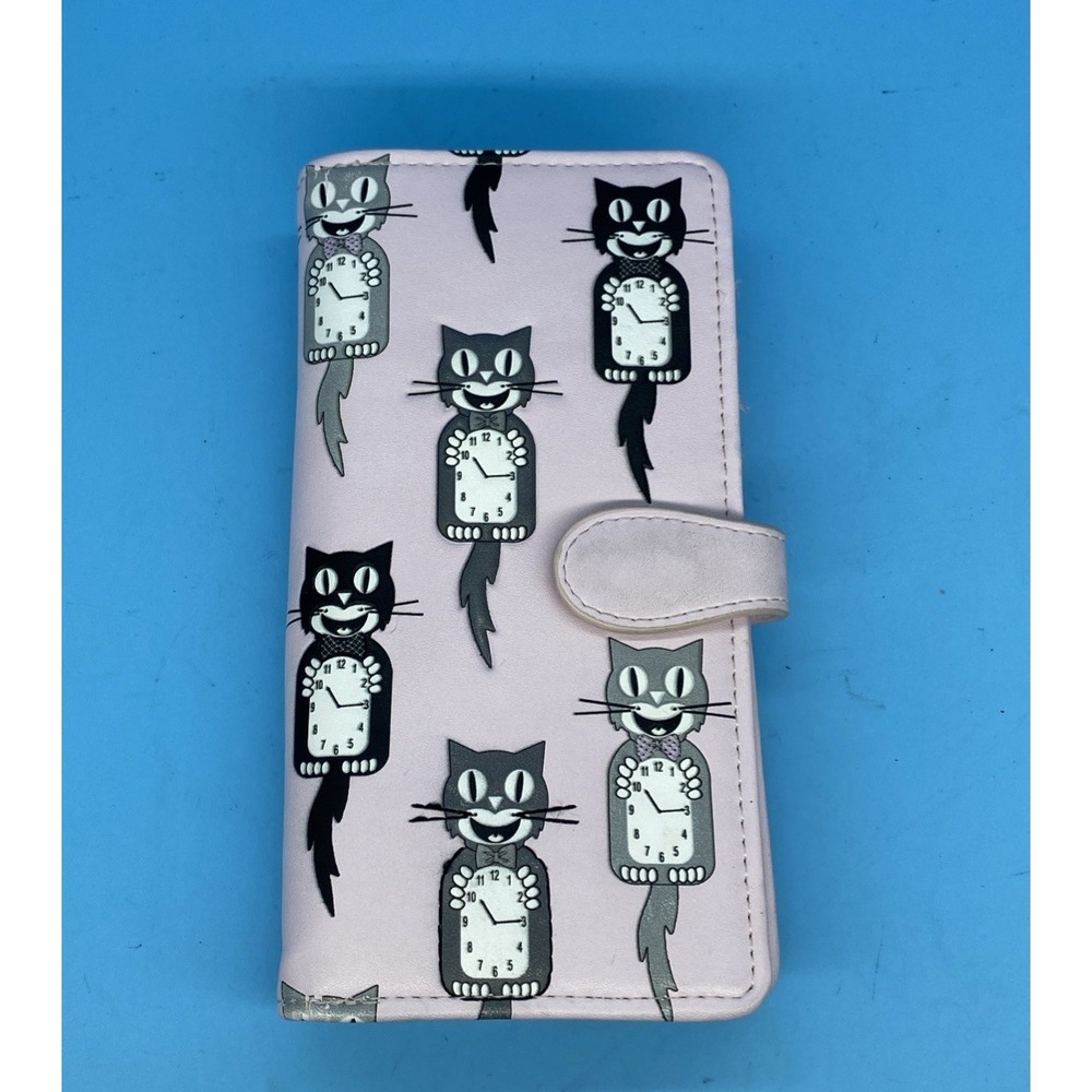 Shagwear Retro Cat Clock Pink Vegan Leather Large Clutch Wallet Zip Coin Pocket